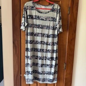LulaRoe Julia Dress Women’s 3XL Gray Pink Navy Paisley Block Striped Midi
